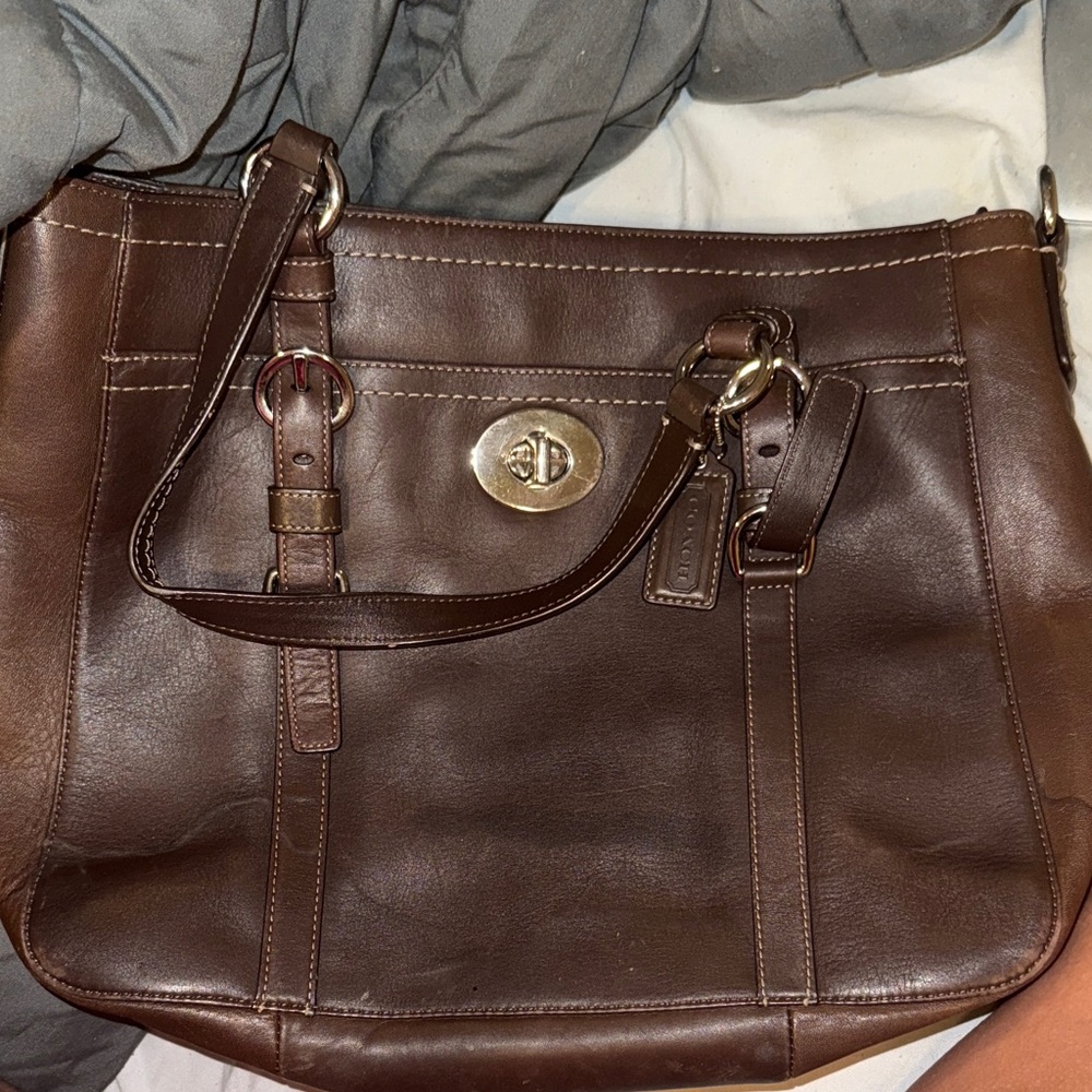 Coach Dark Brown Leather Handbag with Gold Accents